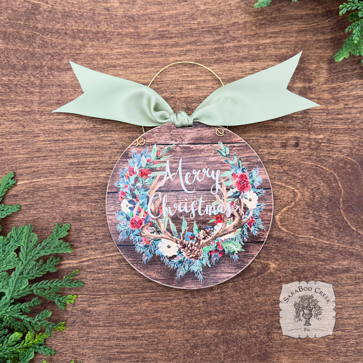 Merry Christmas Antlers- Country Christmas Watercolor Wood Ornament