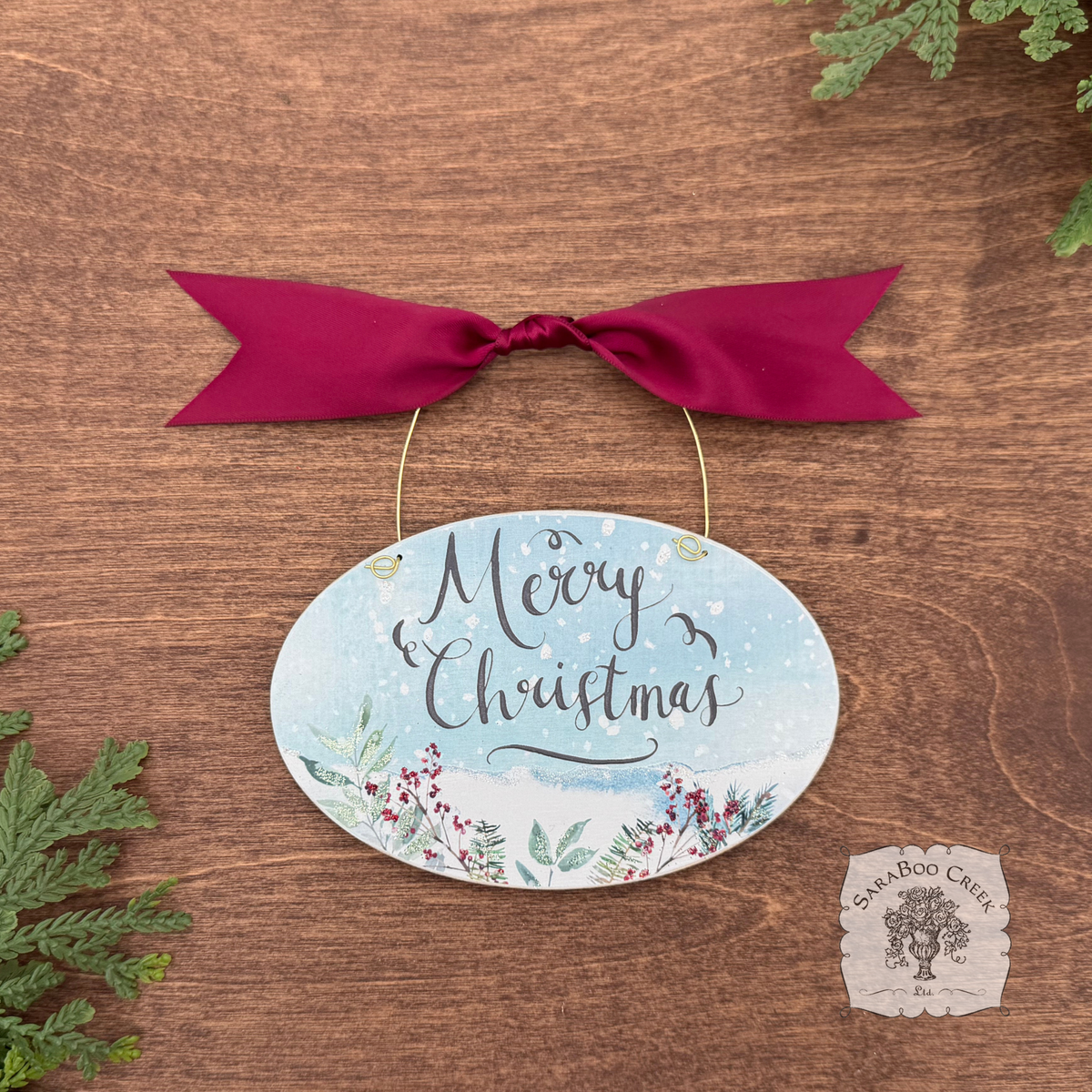 Merry Christmas Ornament - Watercolor Wood Oval Ornament