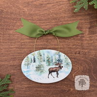 Moose Christmas Ornament, Personalizable Wood Watercolor Winter Scene