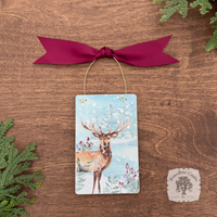Deer Woodland Winter Scene- Holiday Watercolor Wood Ornament