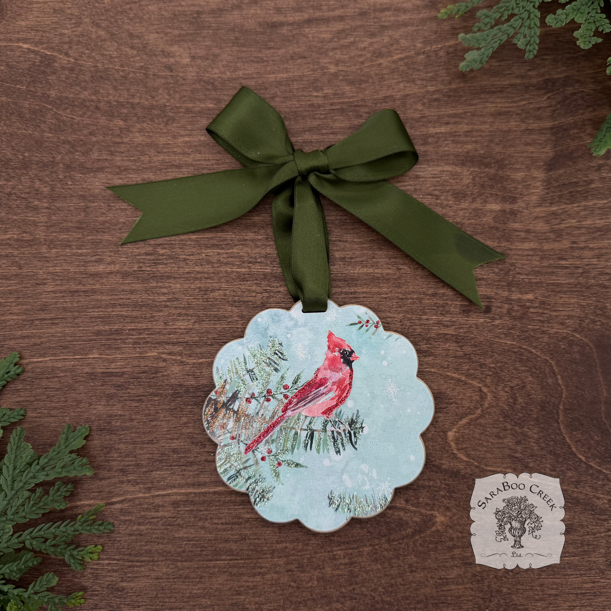 Cardinal Winter Scene- Woodland Holiday Watercolor Wood Ornament