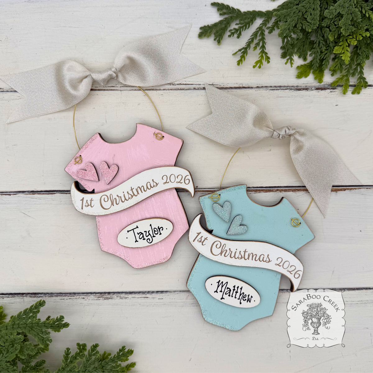 Baby's 1st Christmas Pink or Blue Onesie Ornament - Personalized First Christmas Gift for Baby Boy or Girl