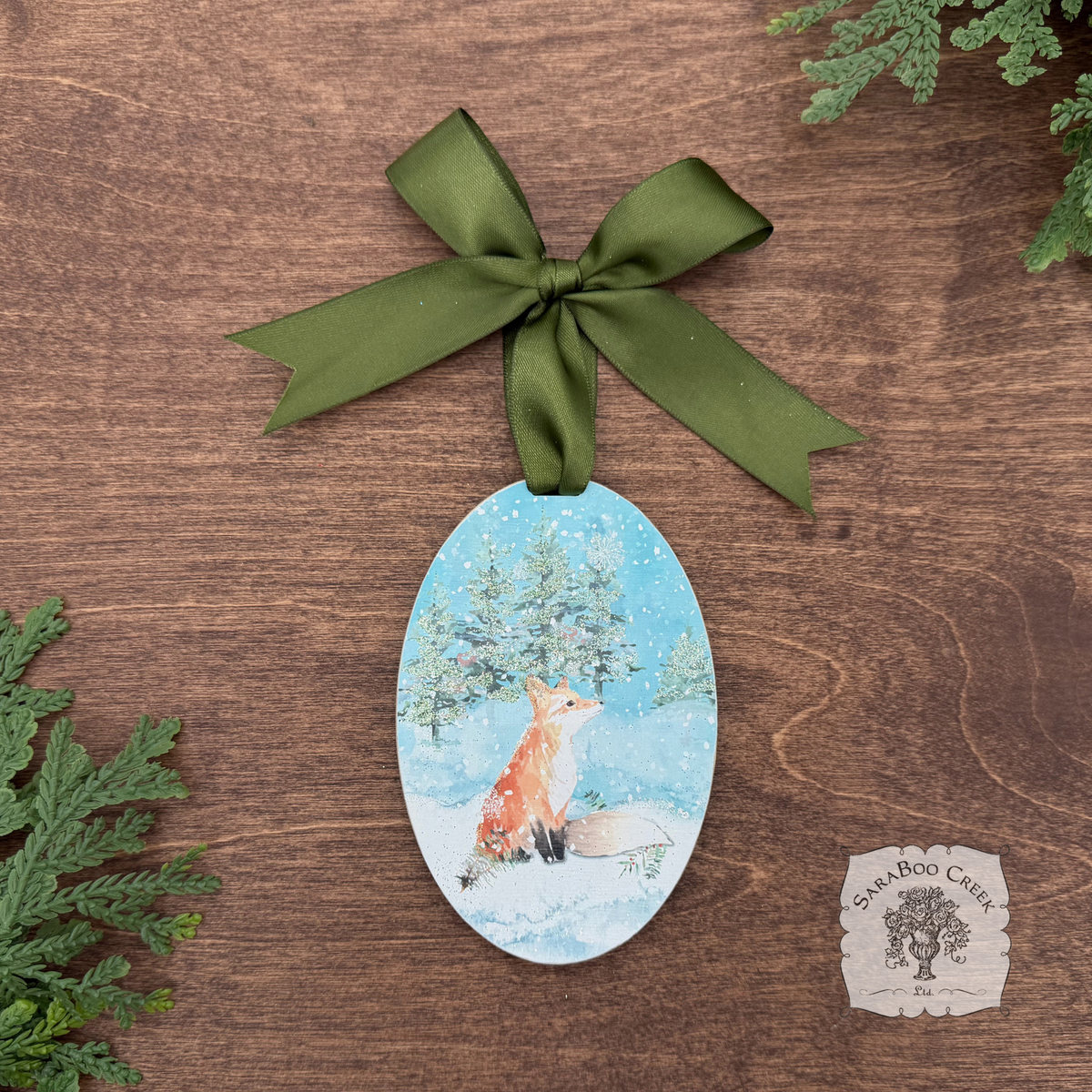 Fox Woodland Winter Scene- Holiday Watercolor Wood Ornament