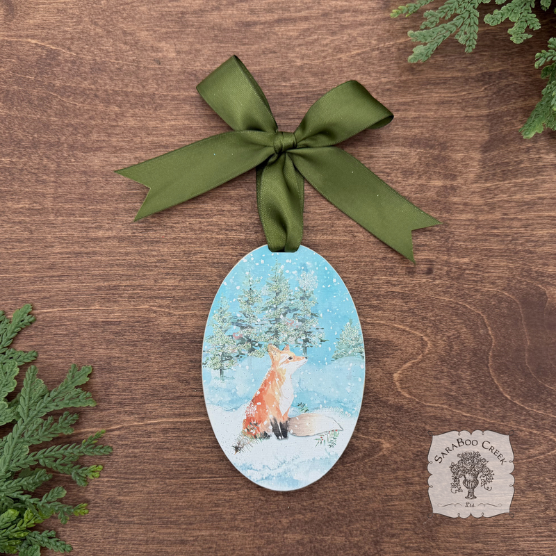 Fox Woodland Winter Scene- Holiday Watercolor Wood Ornament