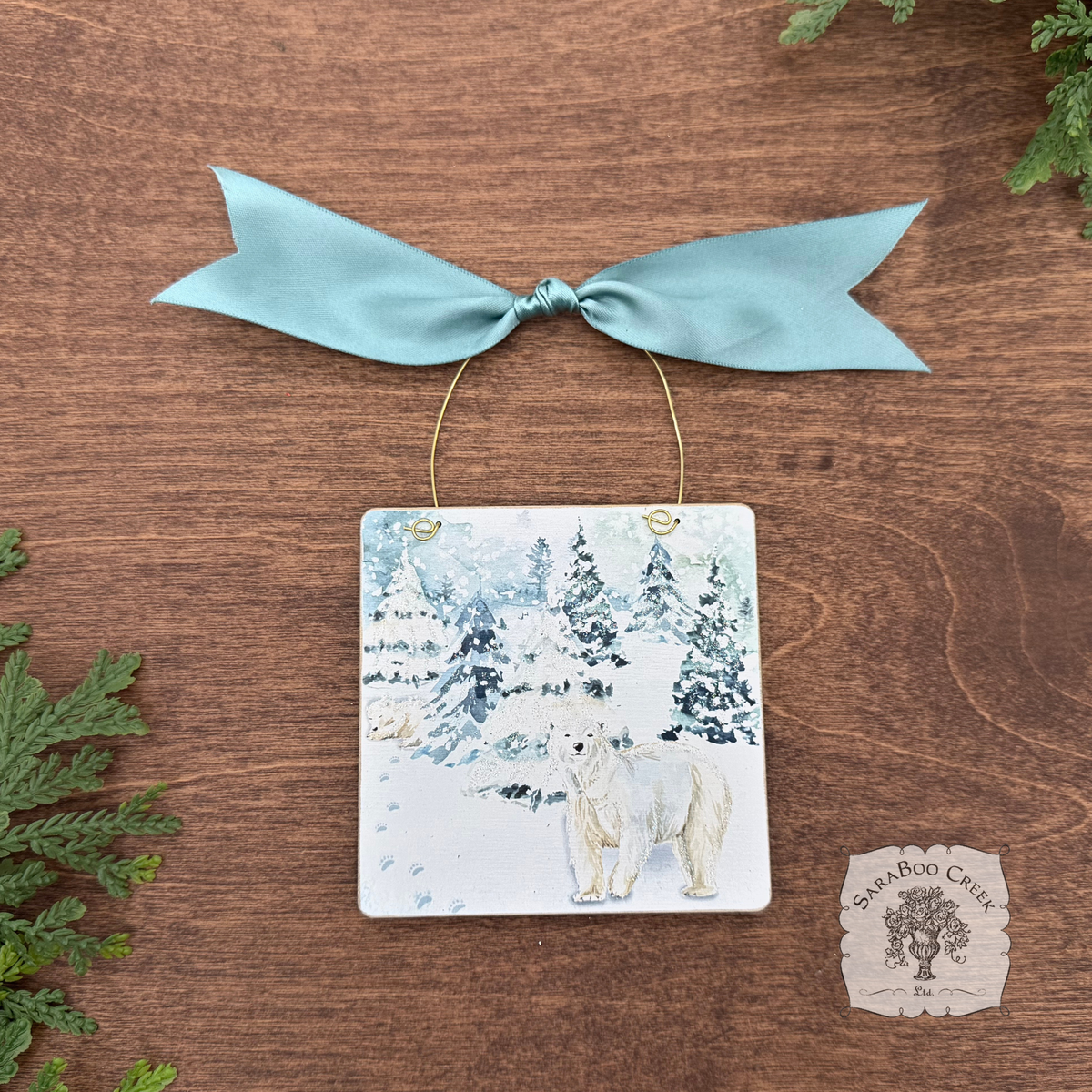 Polar Bear Christmas Ornament - Watercolor Hand Glittered Wood Ornament