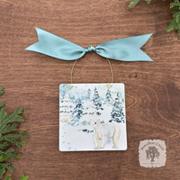 Polar Bear Christmas Ornament - Watercolor Hand Glittered Wood Ornament