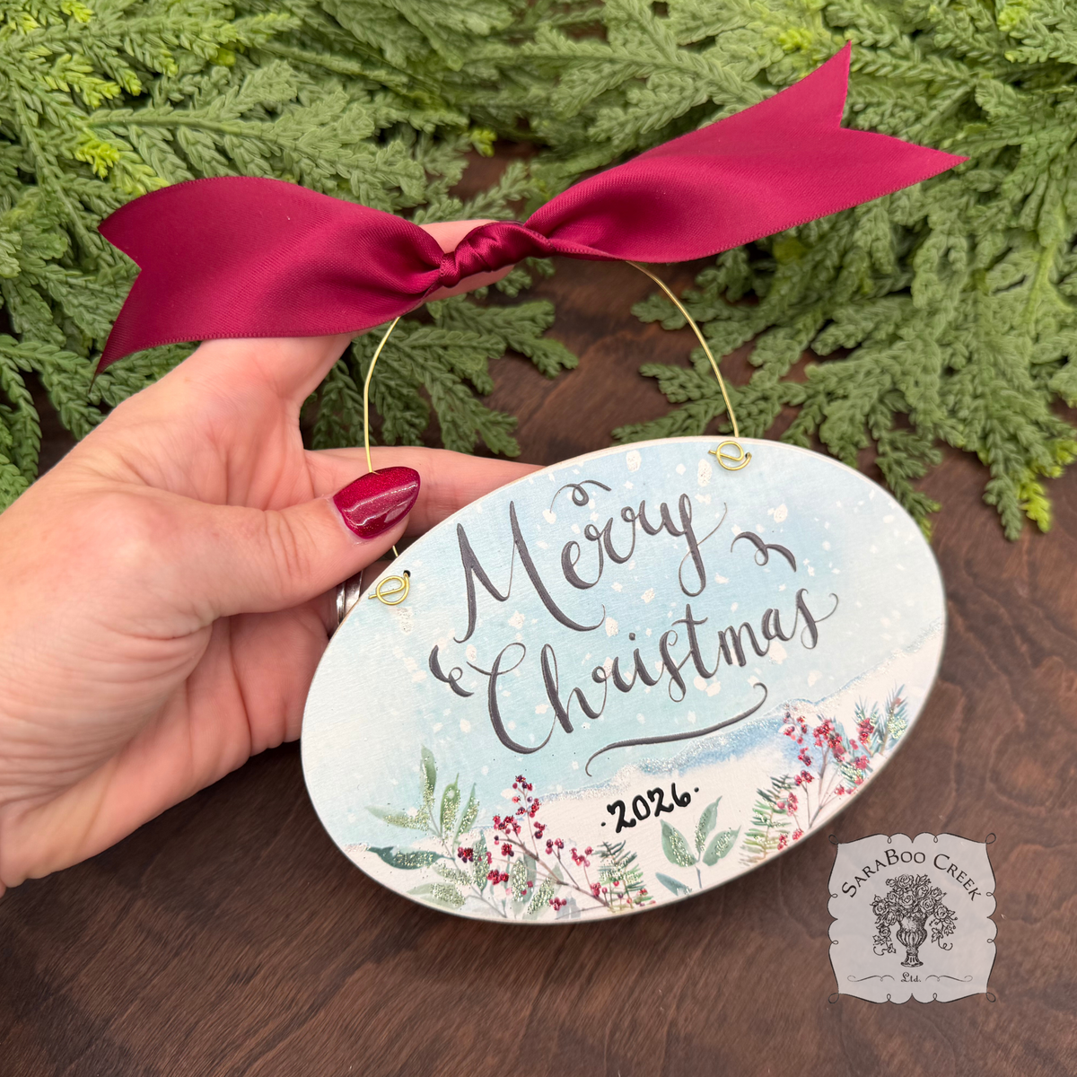 Merry Christmas Ornament - Watercolor Wood Oval Ornament