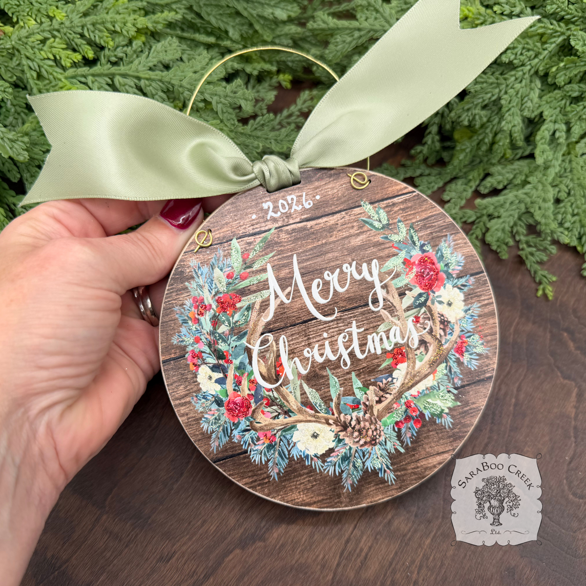 Merry Christmas Antlers- Country Christmas Watercolor Wood Ornament