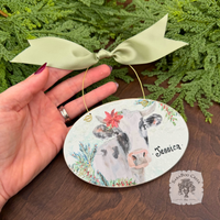 Cow Winter Scene- Holiday Watercolor Wood Ornament