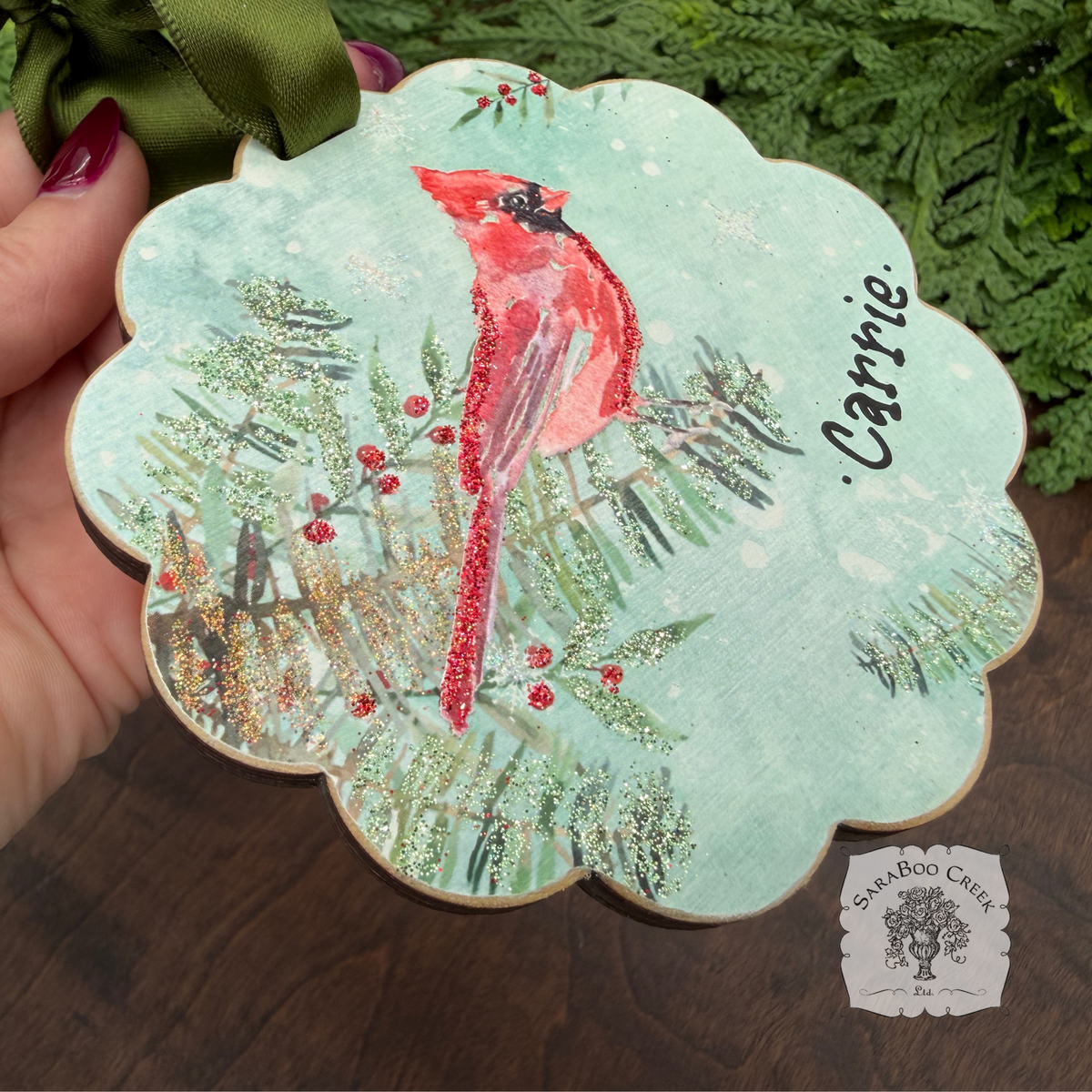 Cardinal Winter Scene- Woodland Holiday Watercolor Wood Ornament