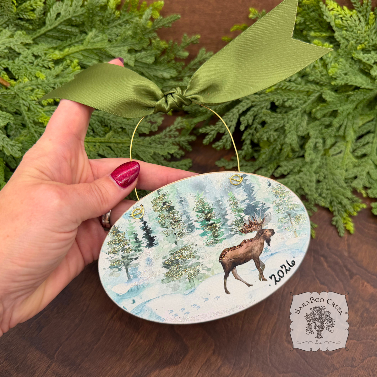 Moose Christmas Ornament, Personalizable Wood Watercolor Winter Scene