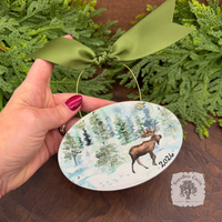 Moose Christmas Ornament, Personalizable Wood Watercolor Winter Scene