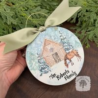 Happy Holidays Horse Stable- Woodland Christmas Watercolor Wood Ornament