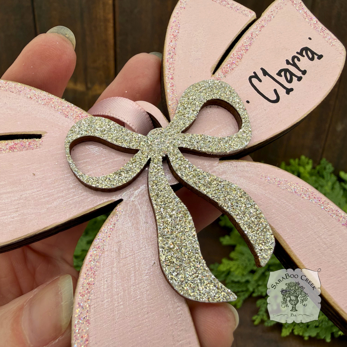 Personalized Pastel Pink and Silver Wood Bow Ornament