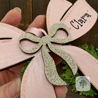 Personalized Pastel Pink and Silver Wood Bow Ornament