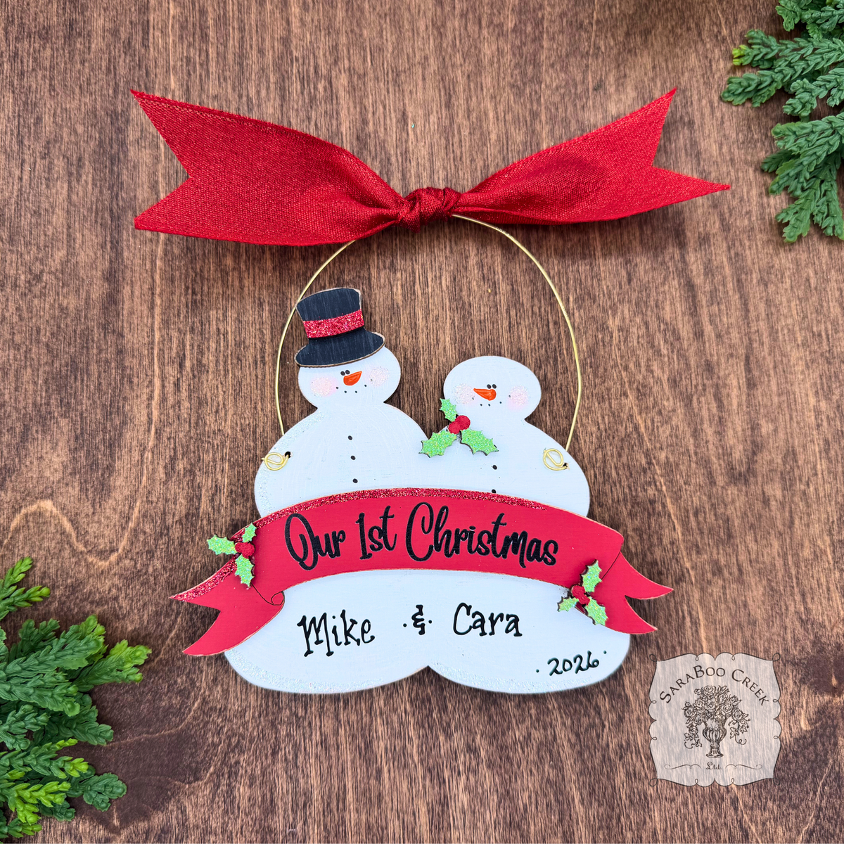 "Our First Christmas" Snowmen Duo Wood Ornament