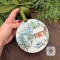 Peaceful Woodland Winter Scene Ornament, Hand Glittered Wood Watercolor Gift