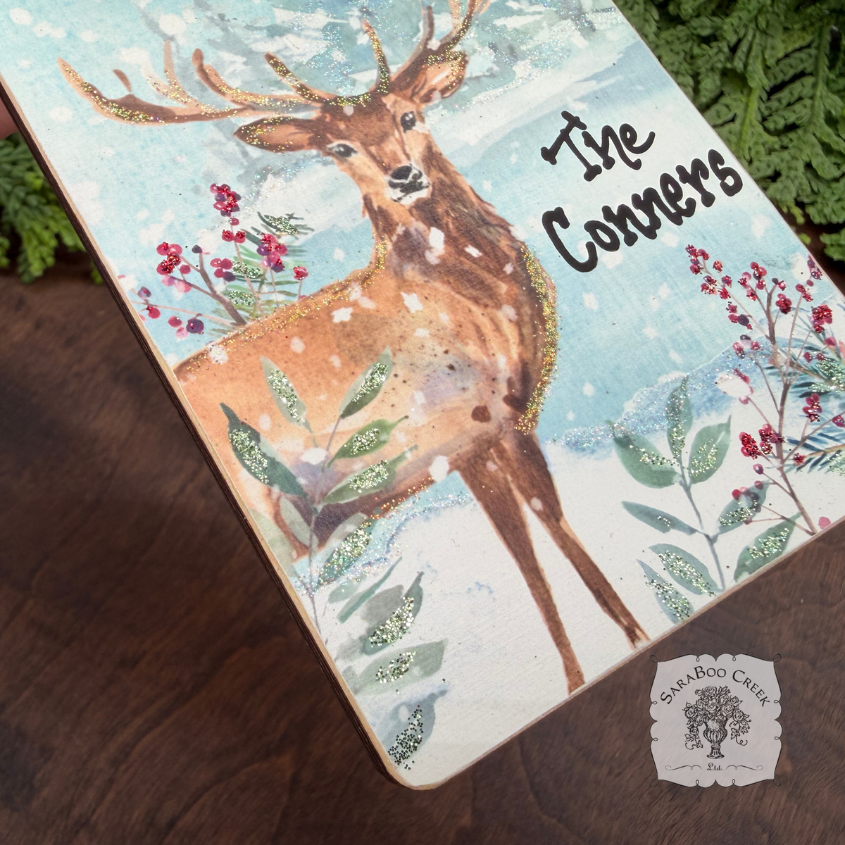 Deer Woodland Winter Scene- Holiday Watercolor Wood Ornament