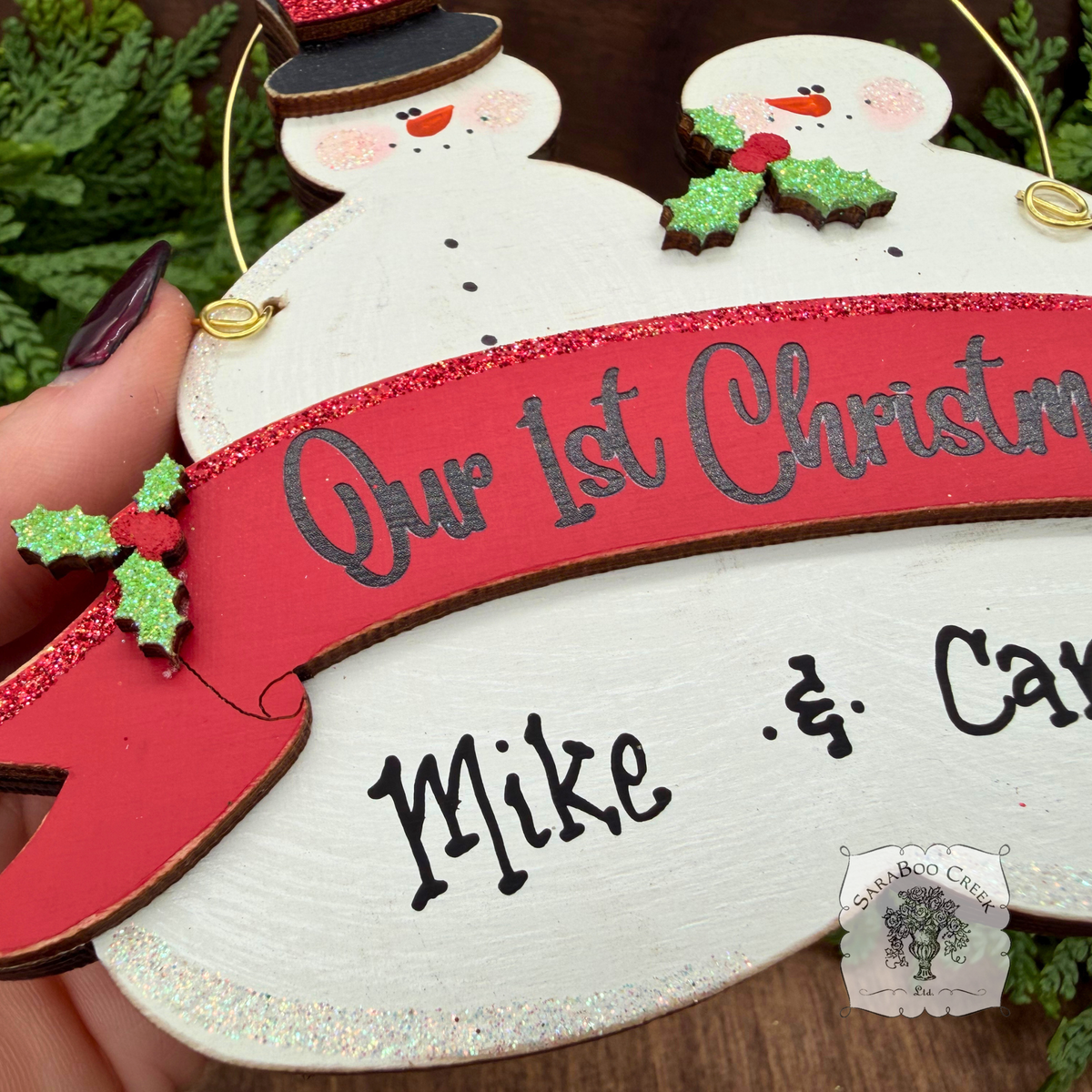 "Our First Christmas" Snowmen Duo Wood Ornament