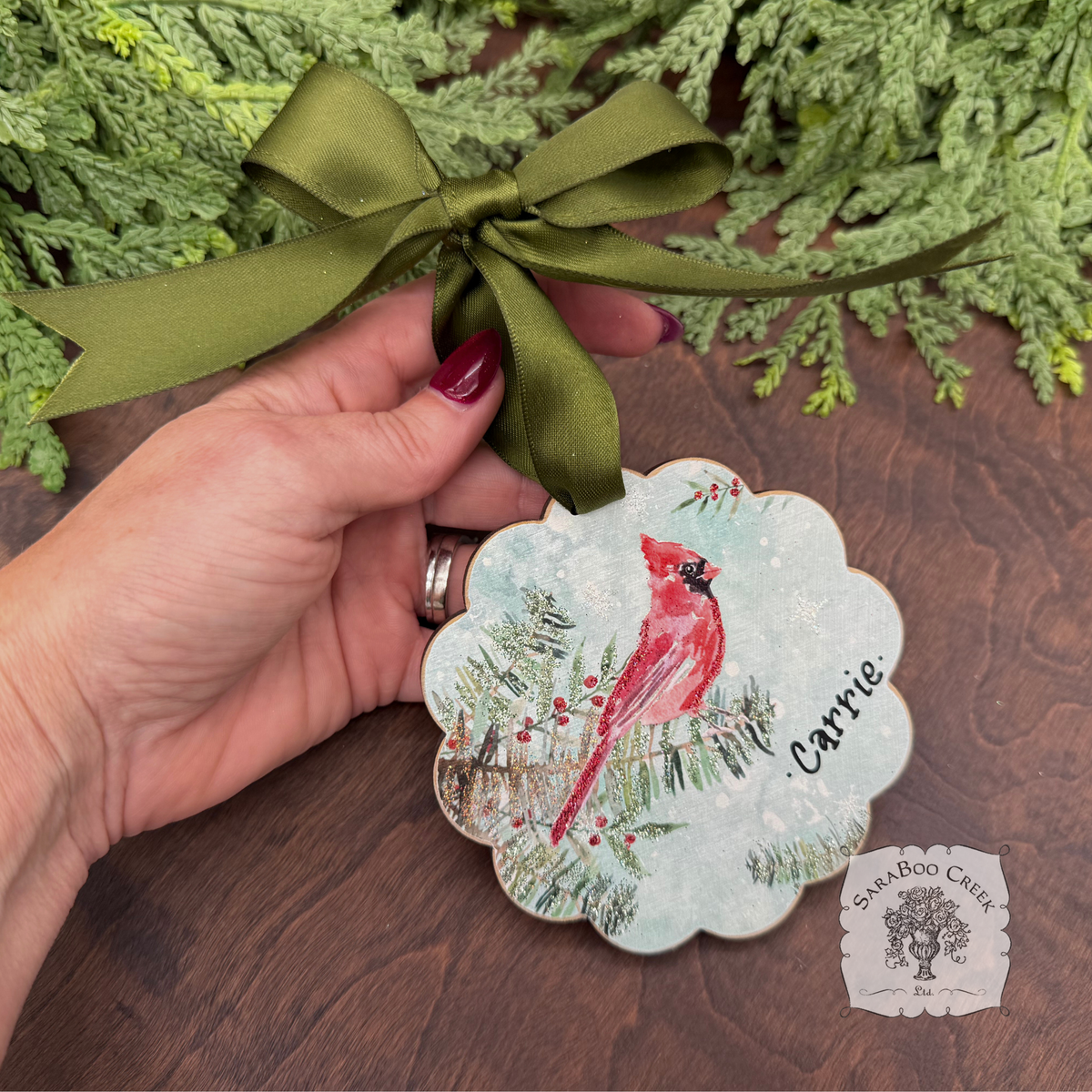 Cardinal Winter Scene- Woodland Holiday Watercolor Wood Ornament