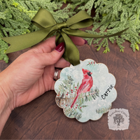 Cardinal Winter Scene- Woodland Holiday Watercolor Wood Ornament