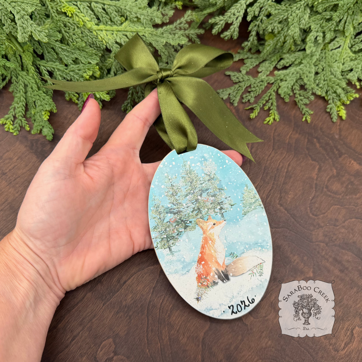 Fox Woodland Winter Scene- Holiday Watercolor Wood Ornament