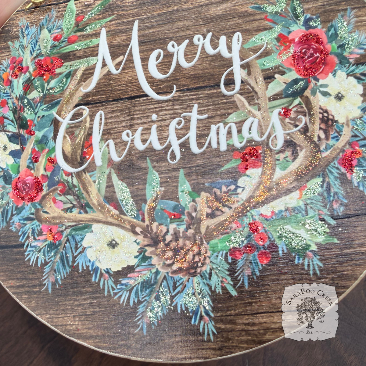Merry Christmas Antlers- Country Christmas Watercolor Wood Ornament