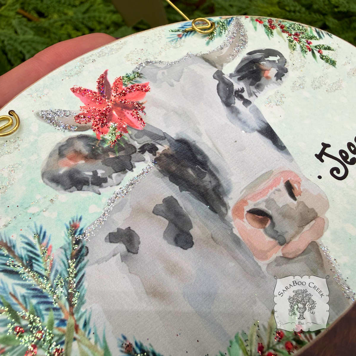 Cow Winter Scene- Holiday Watercolor Wood Ornament