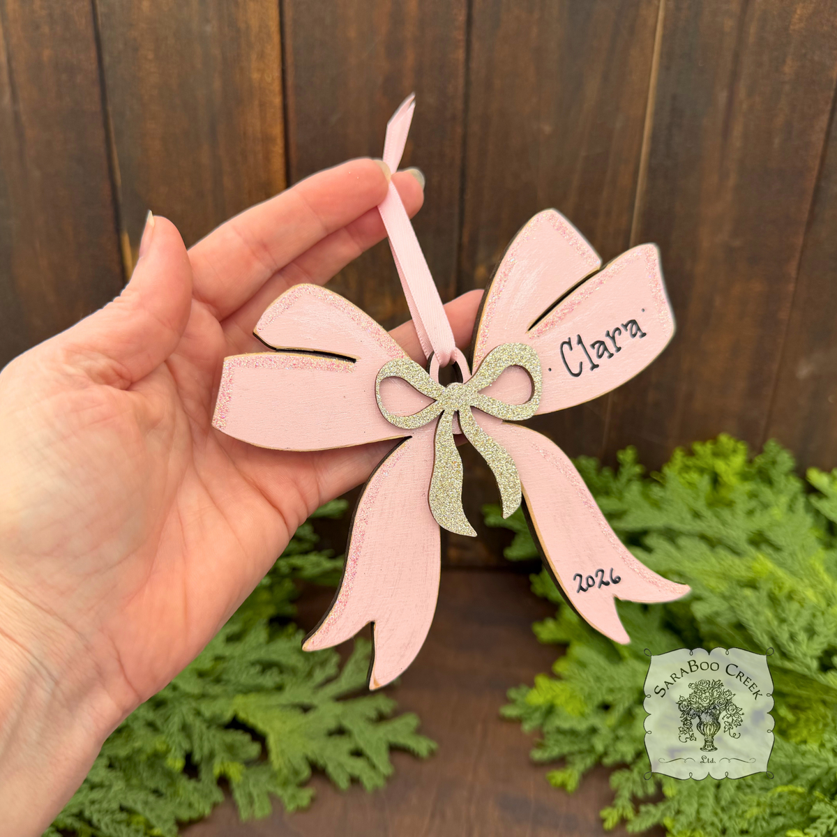 Personalized Pastel Pink and Silver Wood Bow Ornament