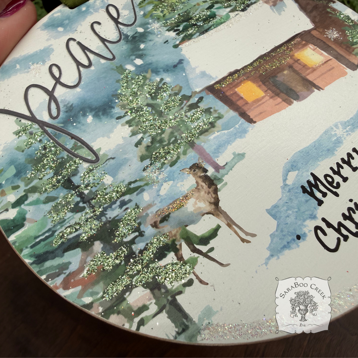 Peaceful Woodland Winter Scene Ornament, Hand Glittered Wood Watercolor Gift