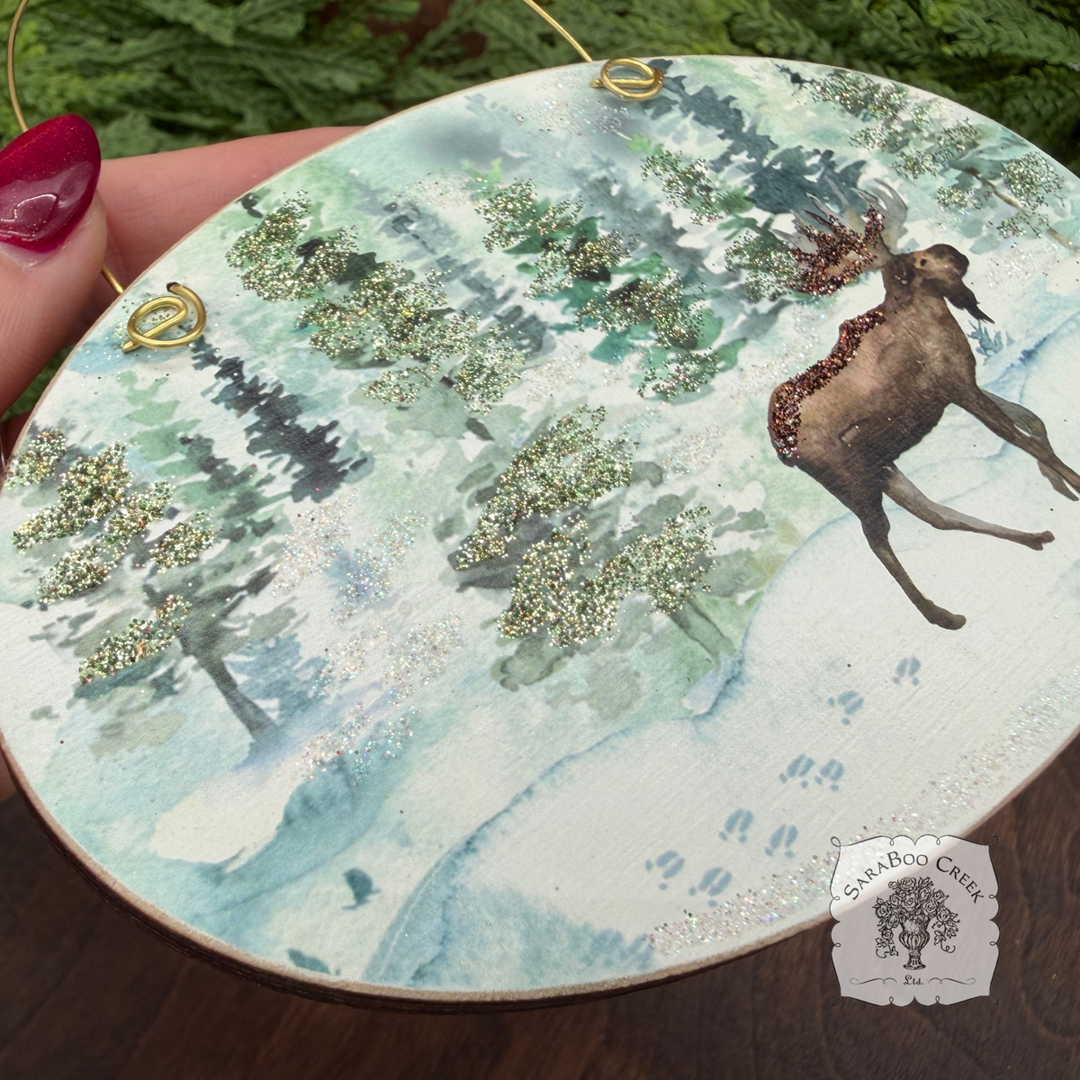 Moose Christmas Ornament, Personalizable Wood Watercolor Winter Scene