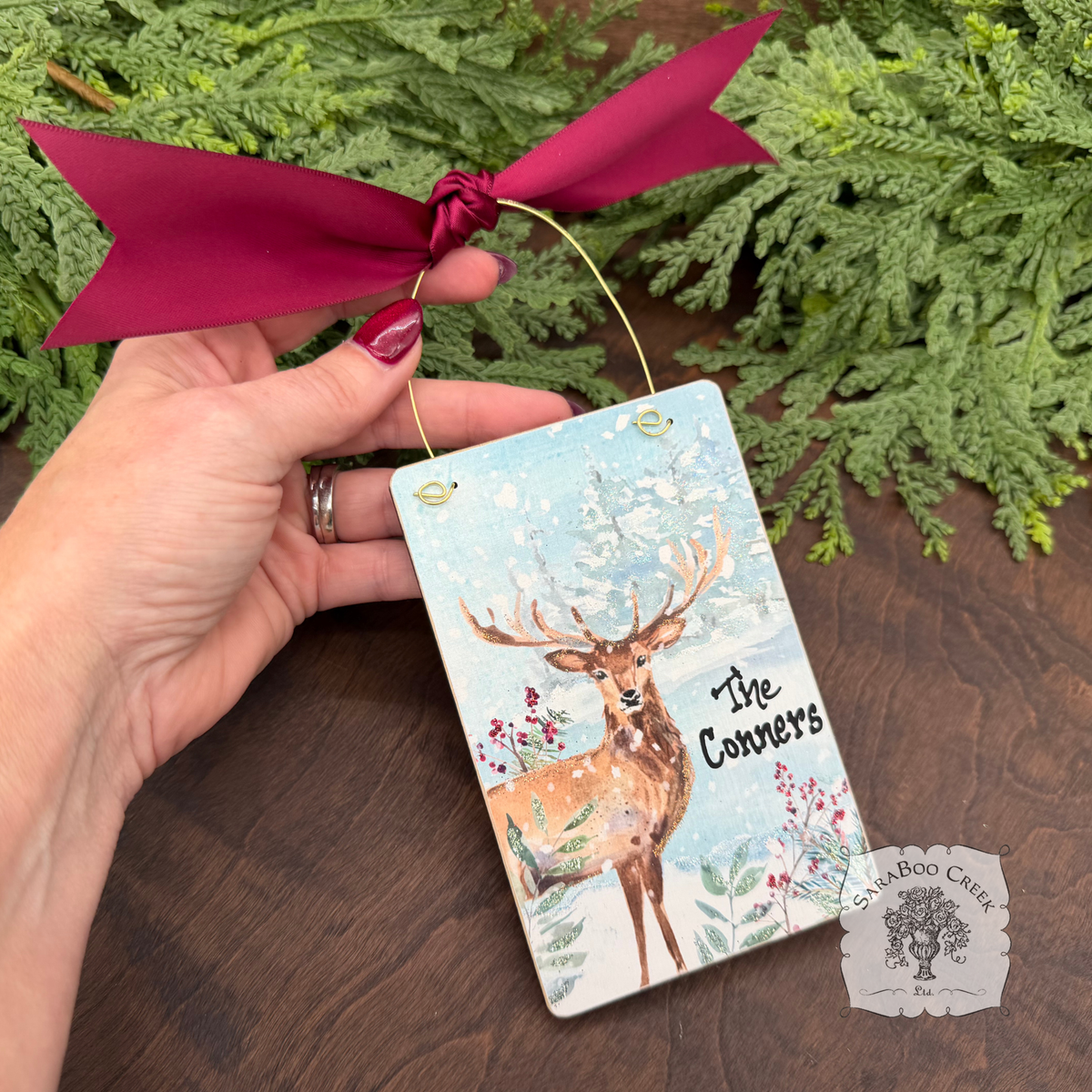 Deer Woodland Winter Scene- Holiday Watercolor Wood Ornament