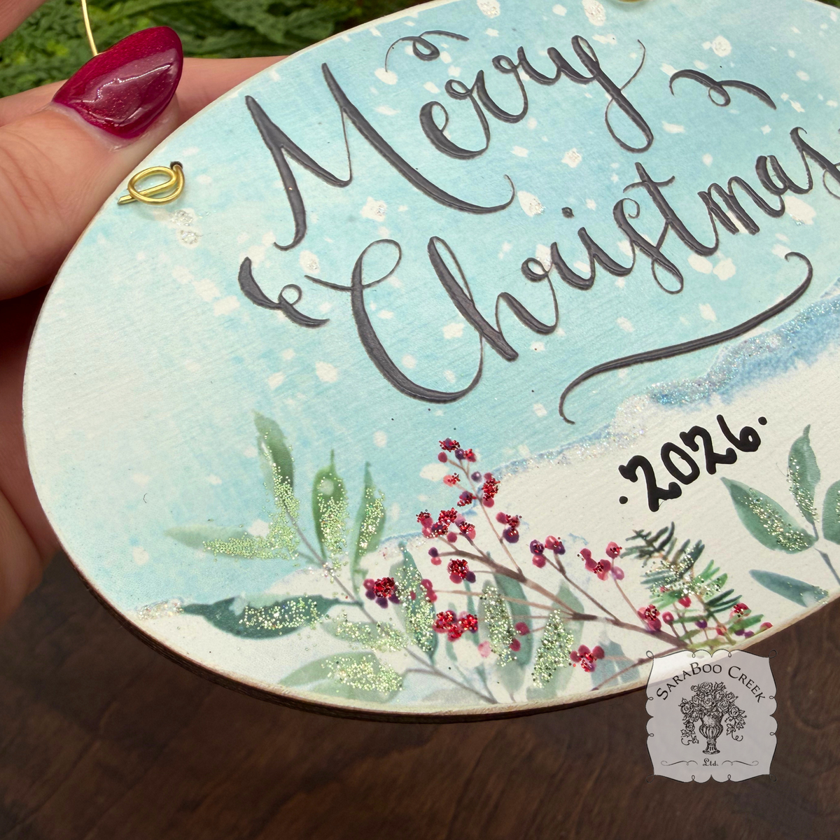 Merry Christmas Ornament - Watercolor Wood Oval Ornament