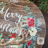 Merry Christmas Antlers- Country Christmas Watercolor Wood Ornament