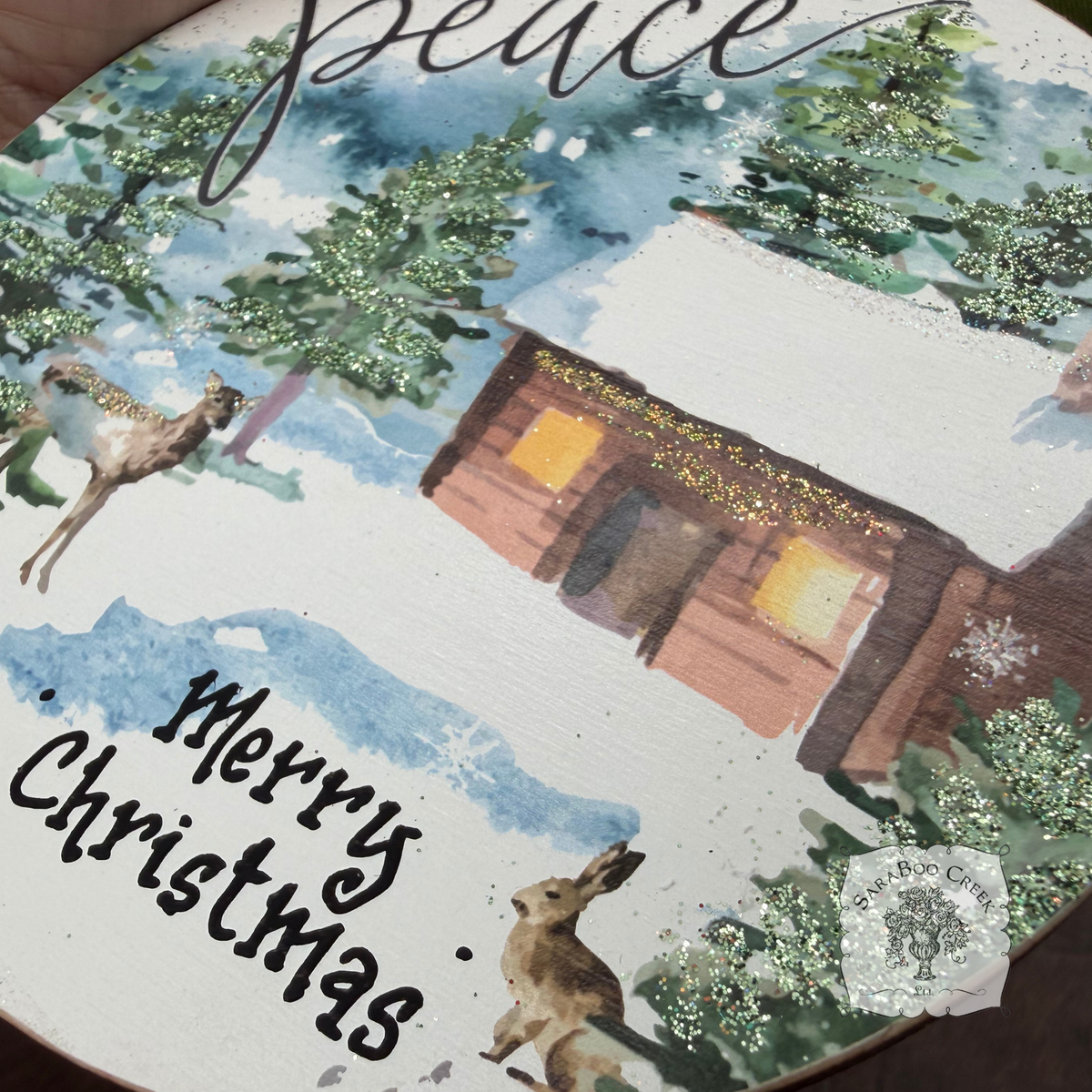 Peaceful Woodland Winter Scene Ornament, Hand Glittered Wood Watercolor Gift
