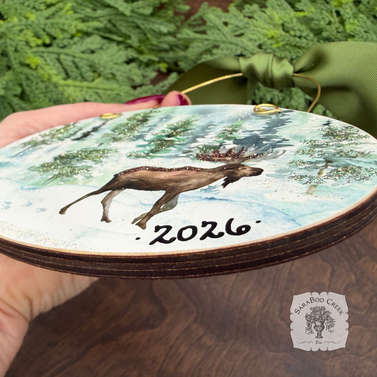 Moose Christmas Ornament, Personalizable Wood Watercolor Winter Scene