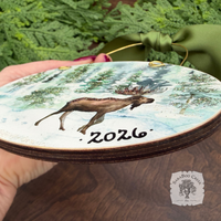 Moose Christmas Ornament, Personalizable Wood Watercolor Winter Scene
