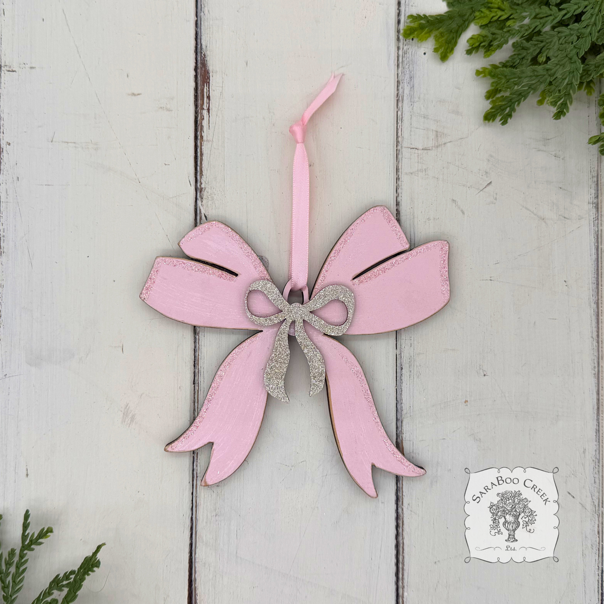 Personalized Pastel Pink and Silver Wood Bow Ornament