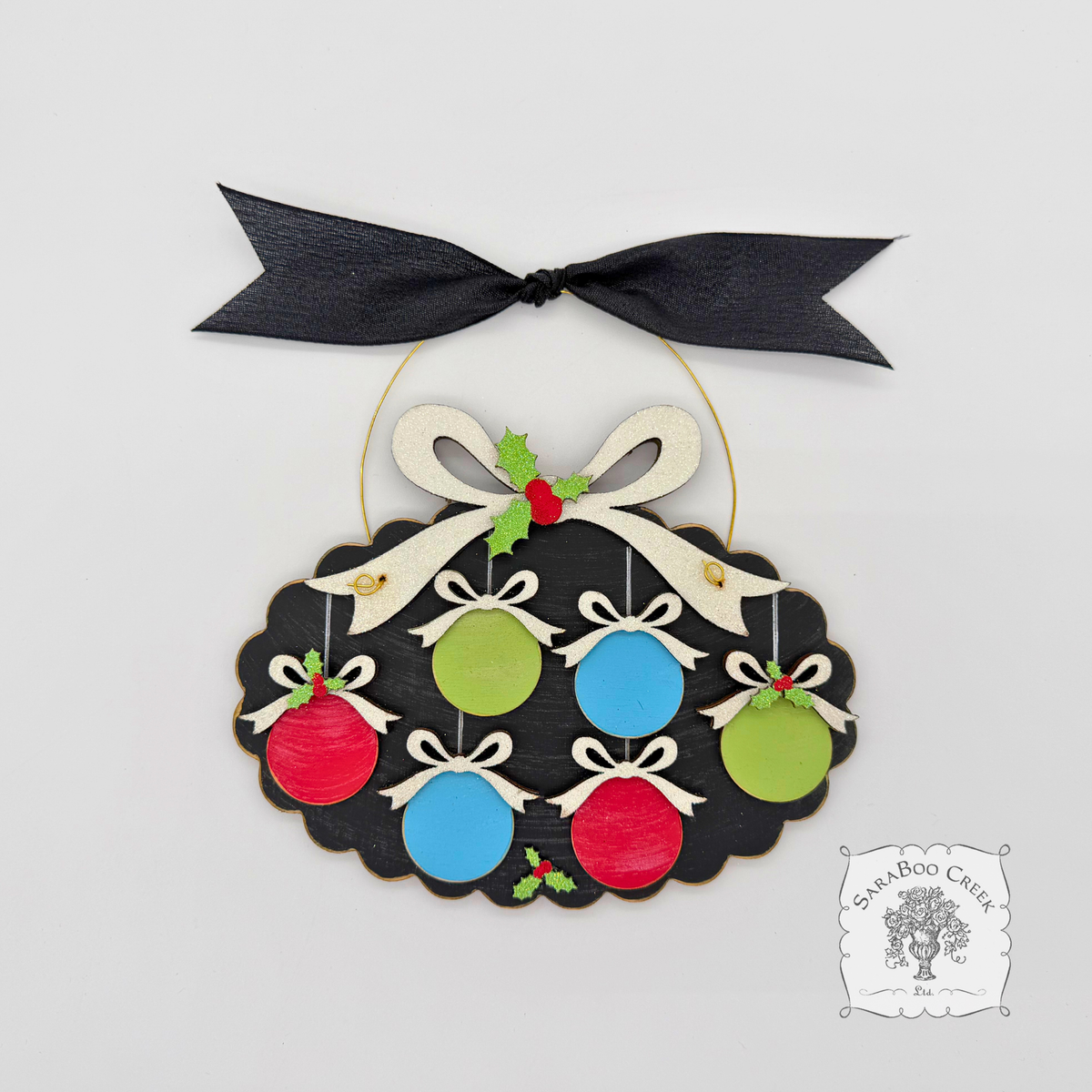 Family, Grandchildren. or Group Personalized Christmas Ornament w/ 2-7 Layered Ball Ornaments topped w/ Wood Bows