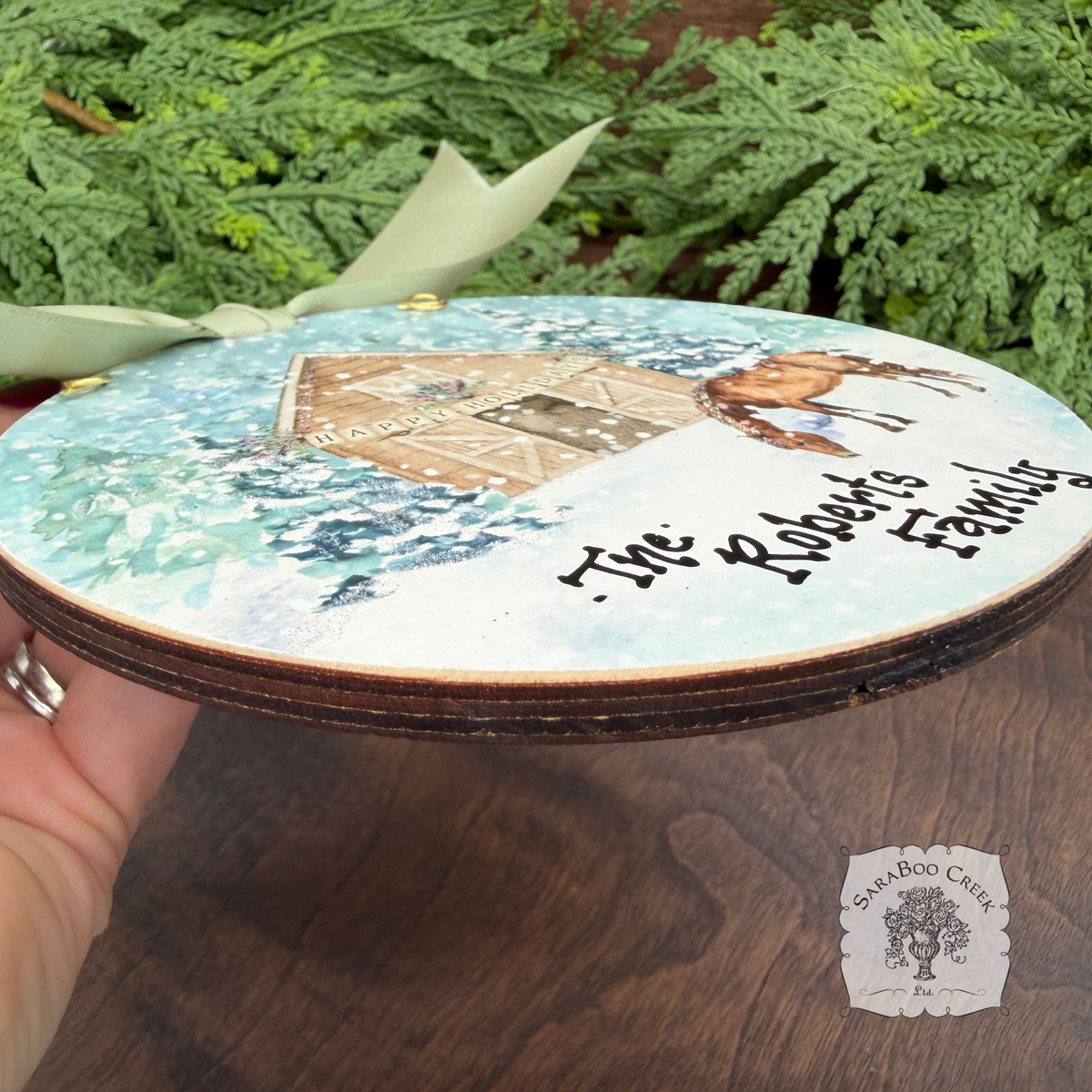 Happy Holidays Horse Stable- Woodland Christmas Watercolor Wood Ornament