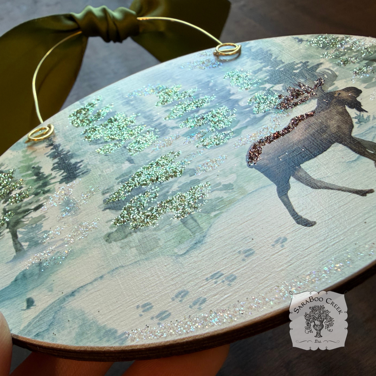 Moose Christmas Ornament, Personalizable Wood Watercolor Winter Scene