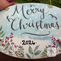 Merry Christmas Ornament - Watercolor Wood Oval Ornament