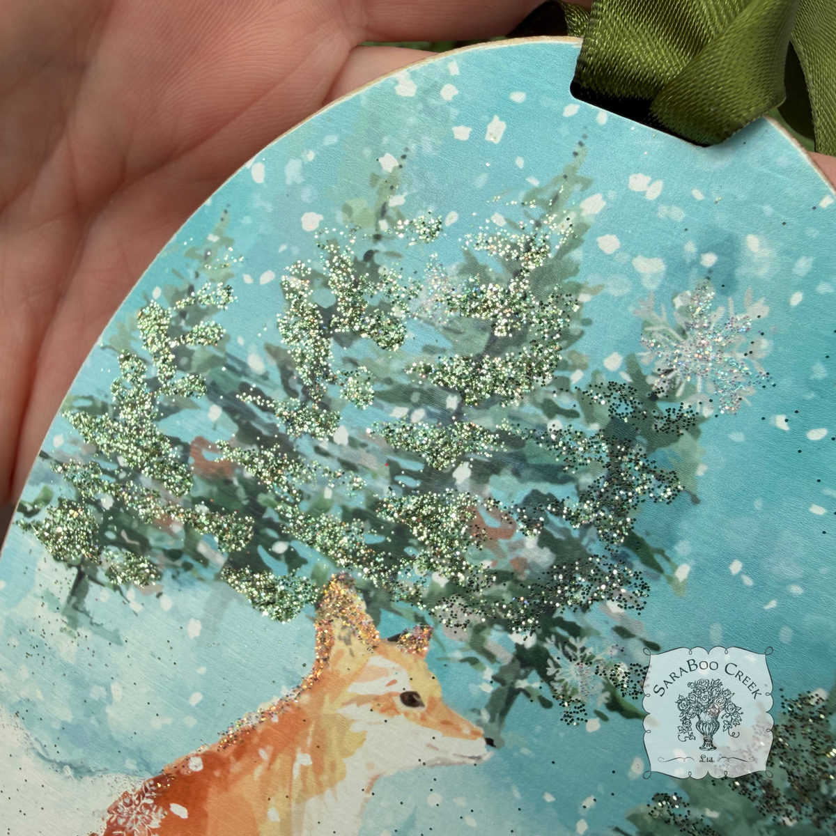 Fox Woodland Winter Scene- Holiday Watercolor Wood Ornament