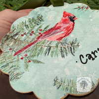 Cardinal Winter Scene- Woodland Holiday Watercolor Wood Ornament