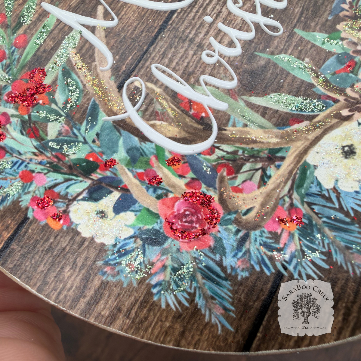 Merry Christmas Antlers- Country Christmas Watercolor Wood Ornament
