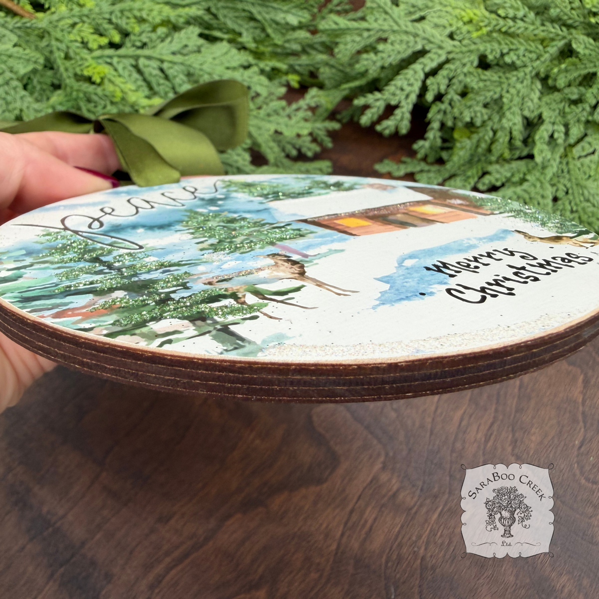 Peaceful Woodland Winter Scene Ornament, Hand Glittered Wood Watercolor Gift