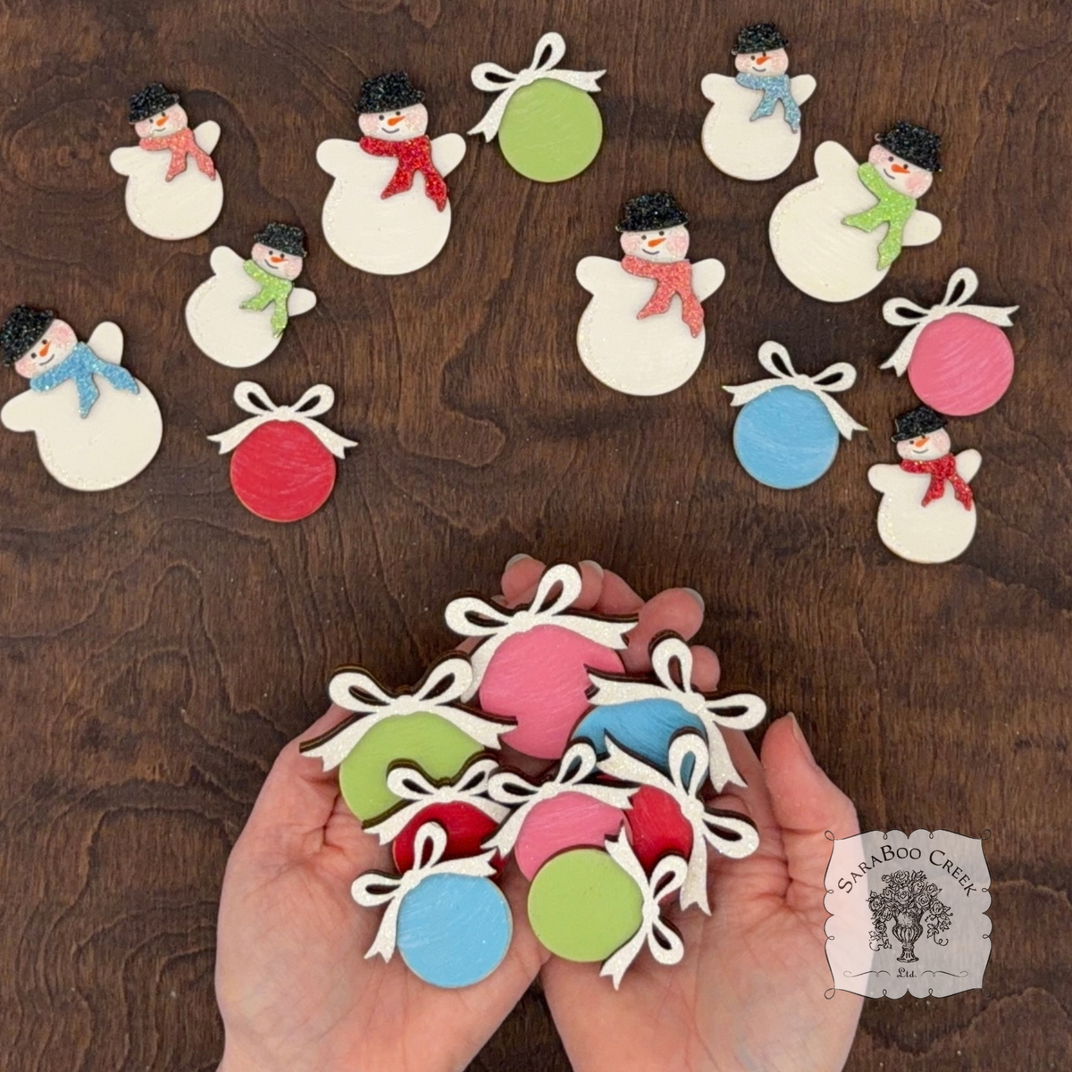 Christmas Wood Shape Pieces - Retro Snowman and Ball Ornament with Bow