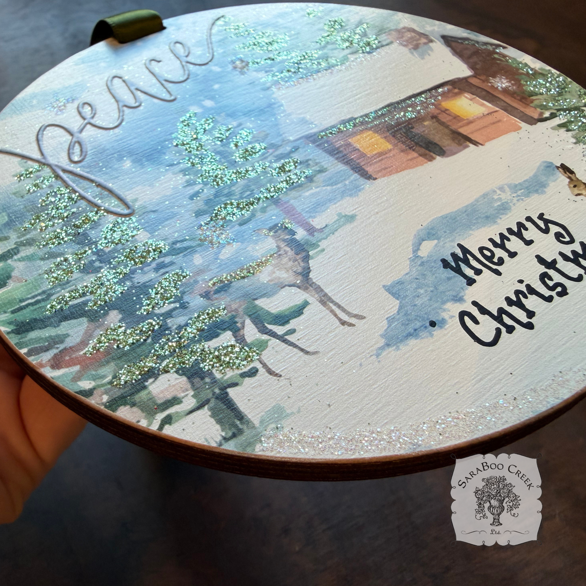 Peaceful Woodland Winter Scene Ornament, Hand Glittered Wood Watercolor Gift