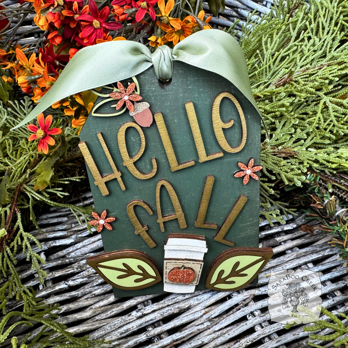 Hello Fall Standing Wood Shipping Tag