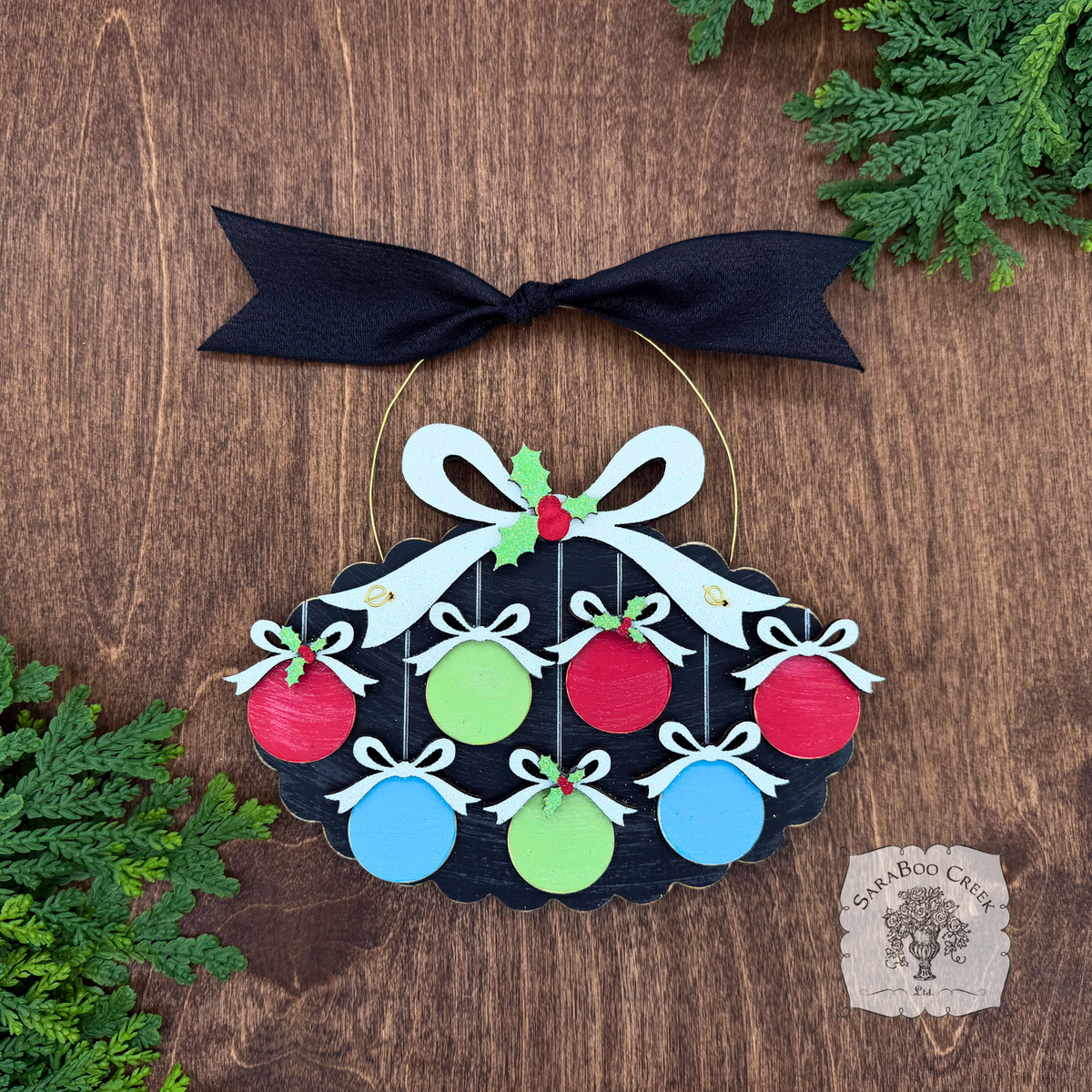 Family, Grandchildren. or Group Personalized Christmas Ornament w/ 2-7 Layered Ball Ornaments topped w/ Wood Bows